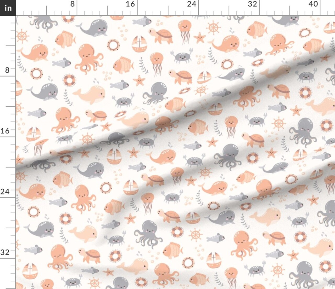 Whimsical Coastal Nautical Coral Orange Gray Gender Neutrall Simple Beach Ocean Seaside Custom Printed Fabric by Spoonflower Various Fabrics by the Yard or Fat Quarter